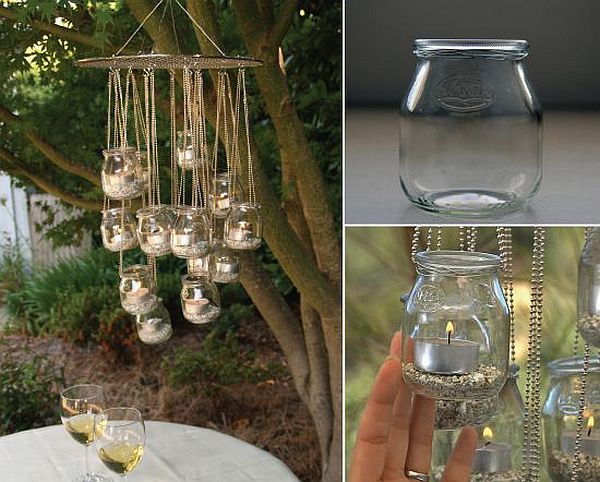 Chandelier made from recycled yogurt jars