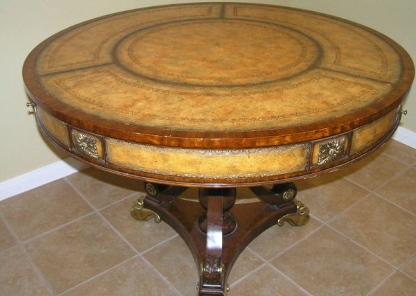 Maitland Smith Round Leather Top Table with 3 Drawers