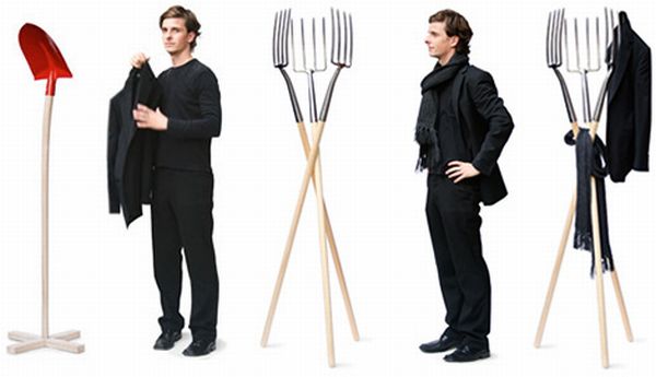 Pitchfork coat and shovel coat hanger