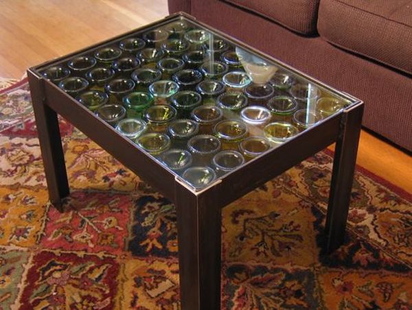 Recycled wine bottles coffee table