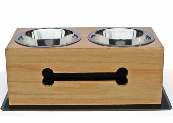 Wooden Bone Cut Elevated Dog Bowl