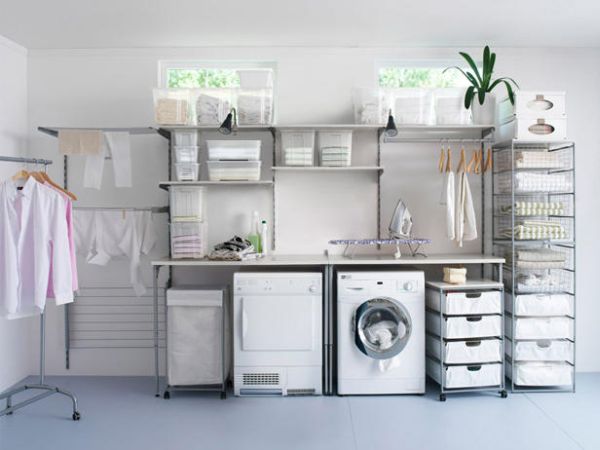 laundry room open shelves design