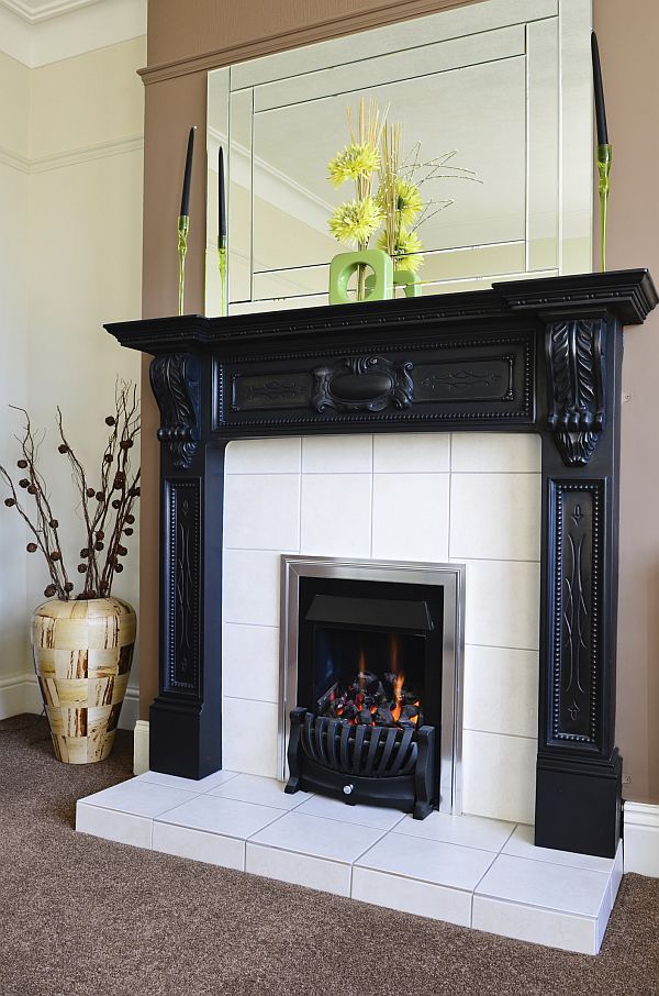 fireplace and mirror