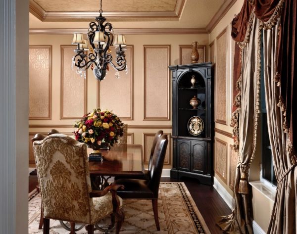 Gothic style victorian living room interior with wooden and brick