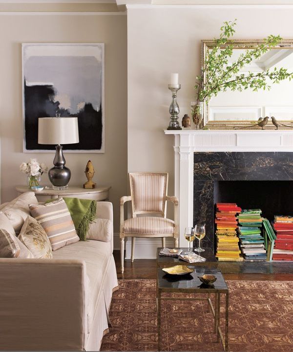 books  in  non-working fireplace