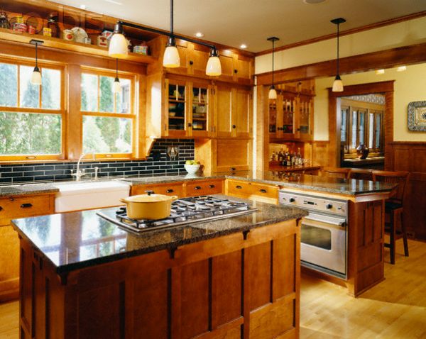 Warm Wood Kitchen With Stovetop on Kitchen Island