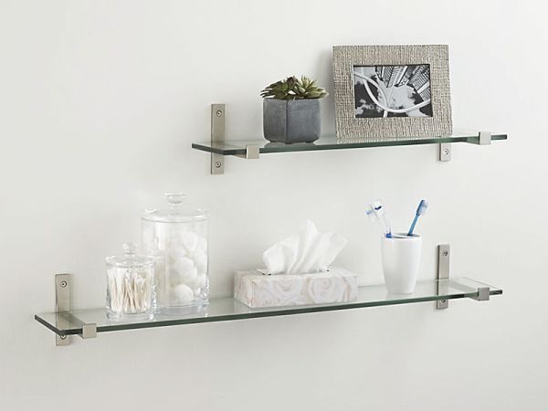 Crate and Barrel Styles Glass Floating Shelf with Brushed Silver Brackets Design