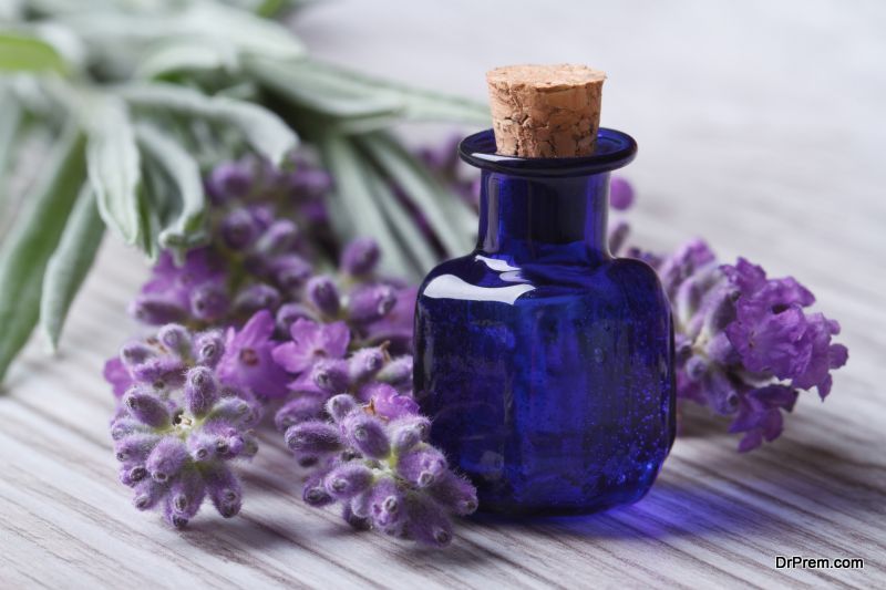 lavender oil in a blue glass bottle and flowers horizontal
