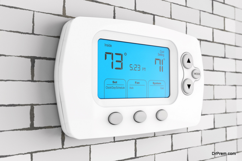 Modern Programming Thermostat in front of Brick Wall. 3d Rendering.